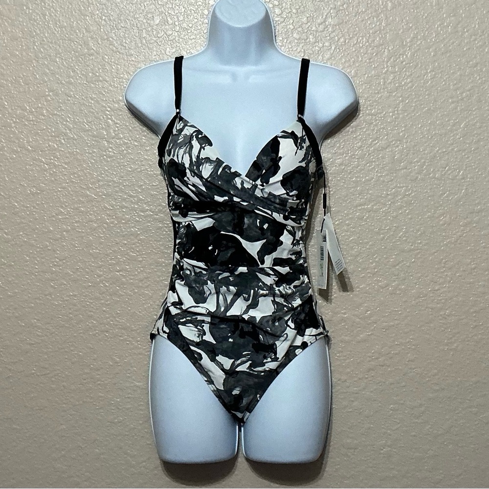 Calvin Klein Black and White Abstract Floral Print Swimsuit